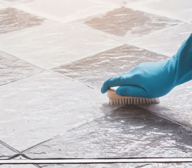 Cleaning the Tile Floor scrubbing
