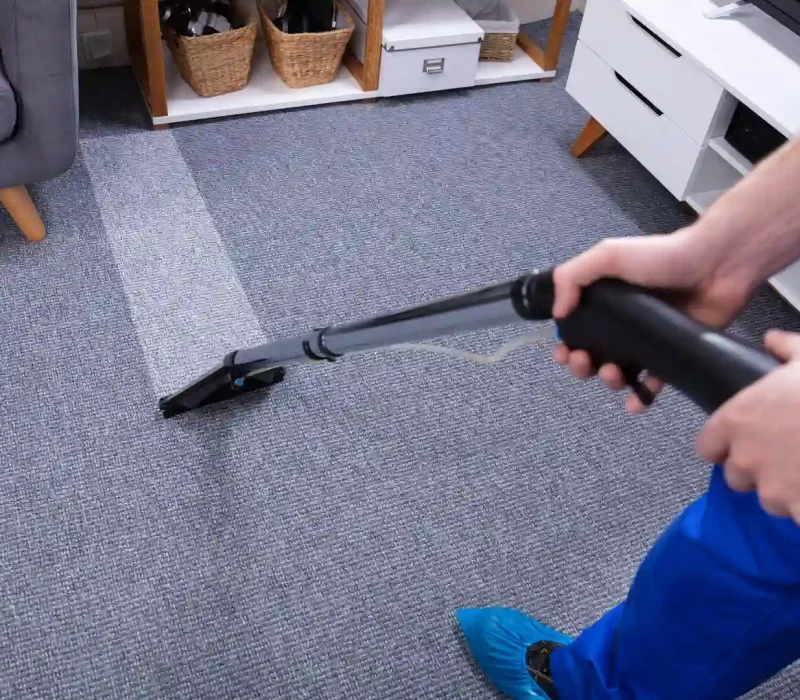 Male Janitor Cleaning Carpet with blue uniform